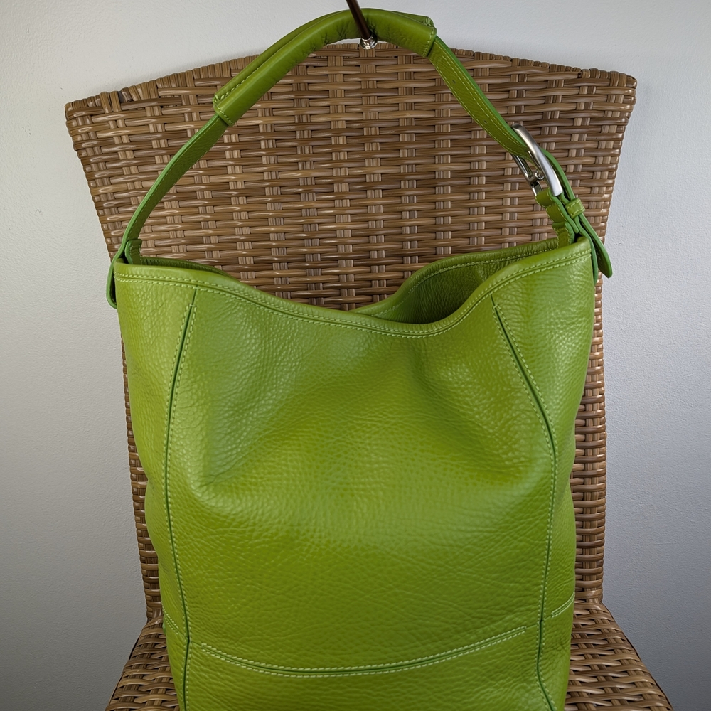 Cole Haan Lime Green Pebbled Leather Hobo Shoulder Bag Tote Silver Tone Hardware - Picture 2 of 16
